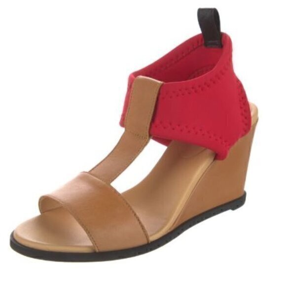 Maison Margiela MM6 Women's  size 10 Tan Red Leather Wedges Sandals Shoes - Picture 1 of 15